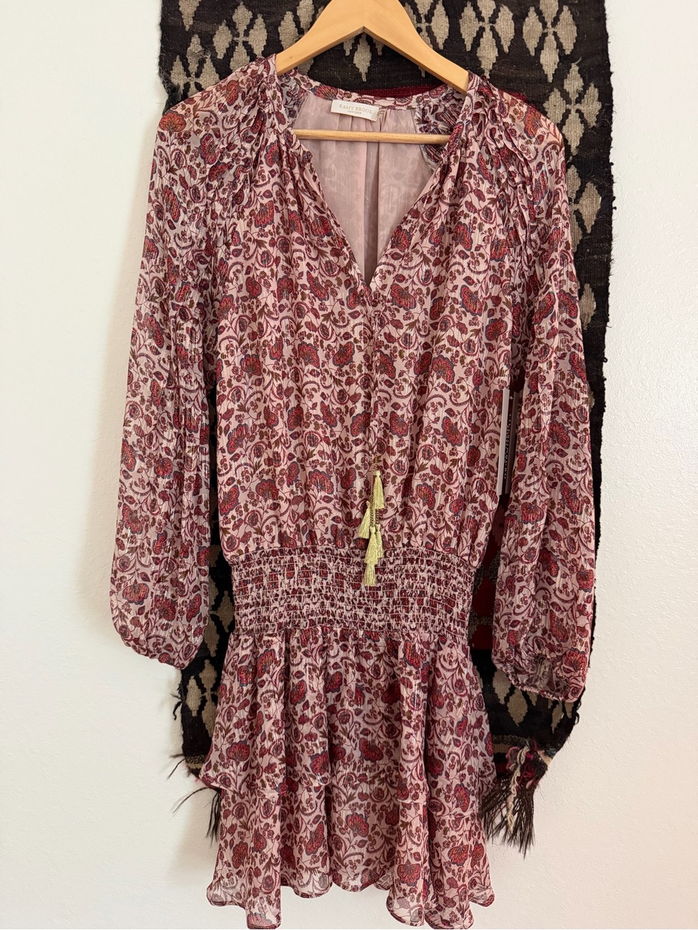 Ramy Brook Bohemian Long-Sleeve Smocked Waist Dress in dusty rose print